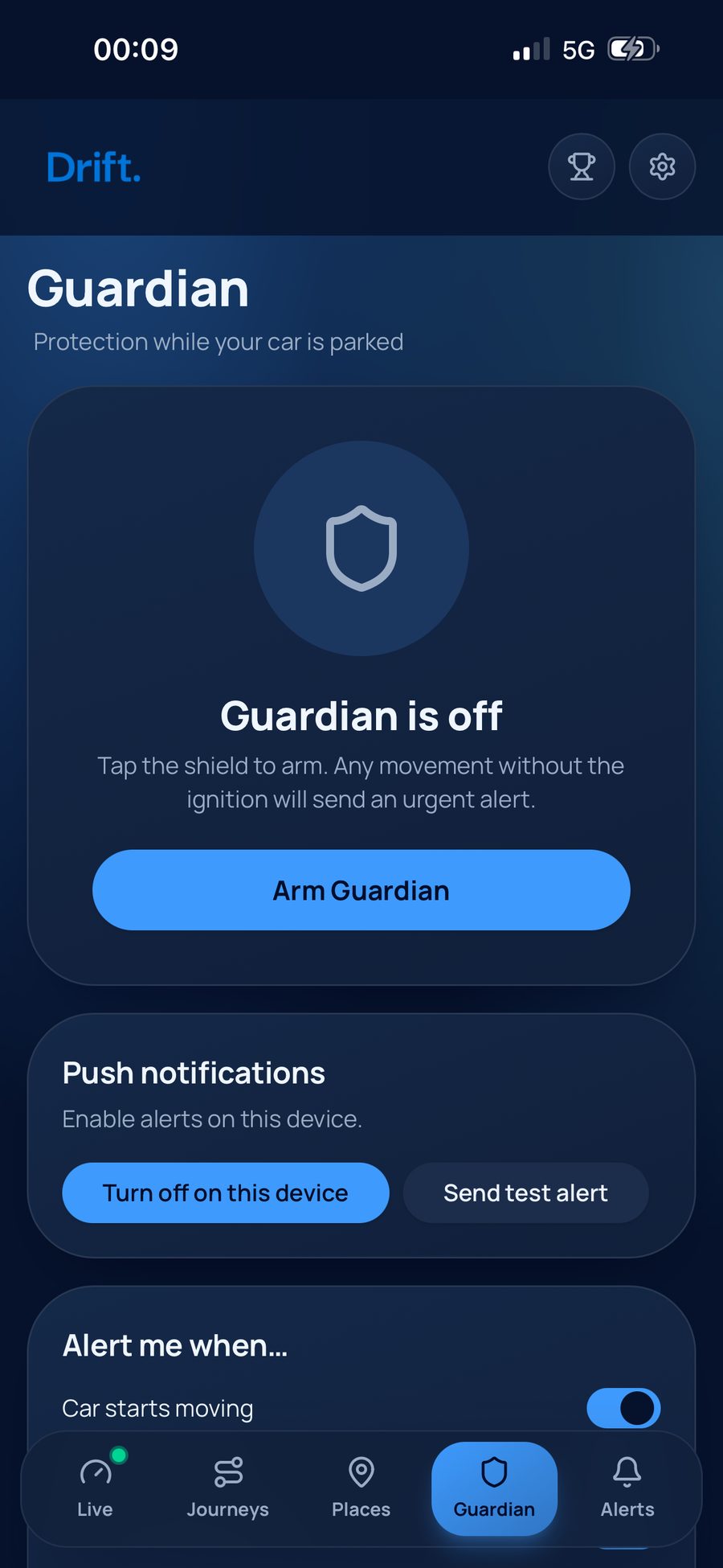 Drift Guardian tab: protection while your car is parked, Arm Guardian