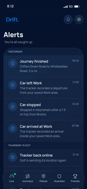 Drift alerts list showing a finished journey, the car arriving at and leaving a saved Work place, and a stop