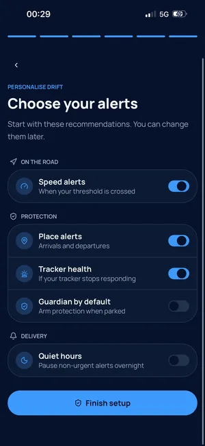 Drift setup screen for choosing alerts