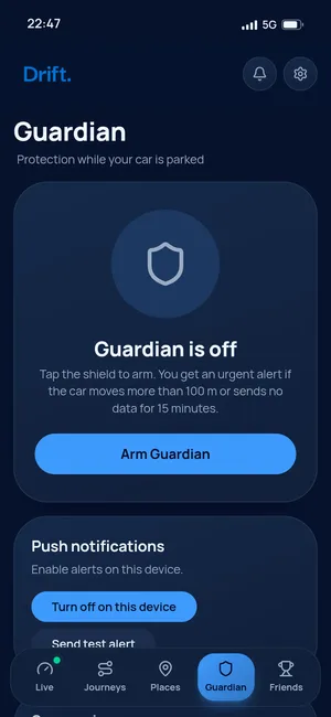 The Guardian screen in the Drift app with an Arm Guardian button