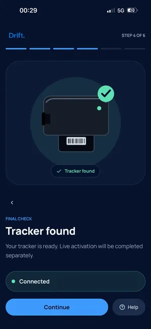 The Tracker found screen in the Drift app setup