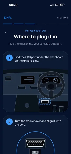 Drift setup screen showing where to find the OBD port under the dashboard